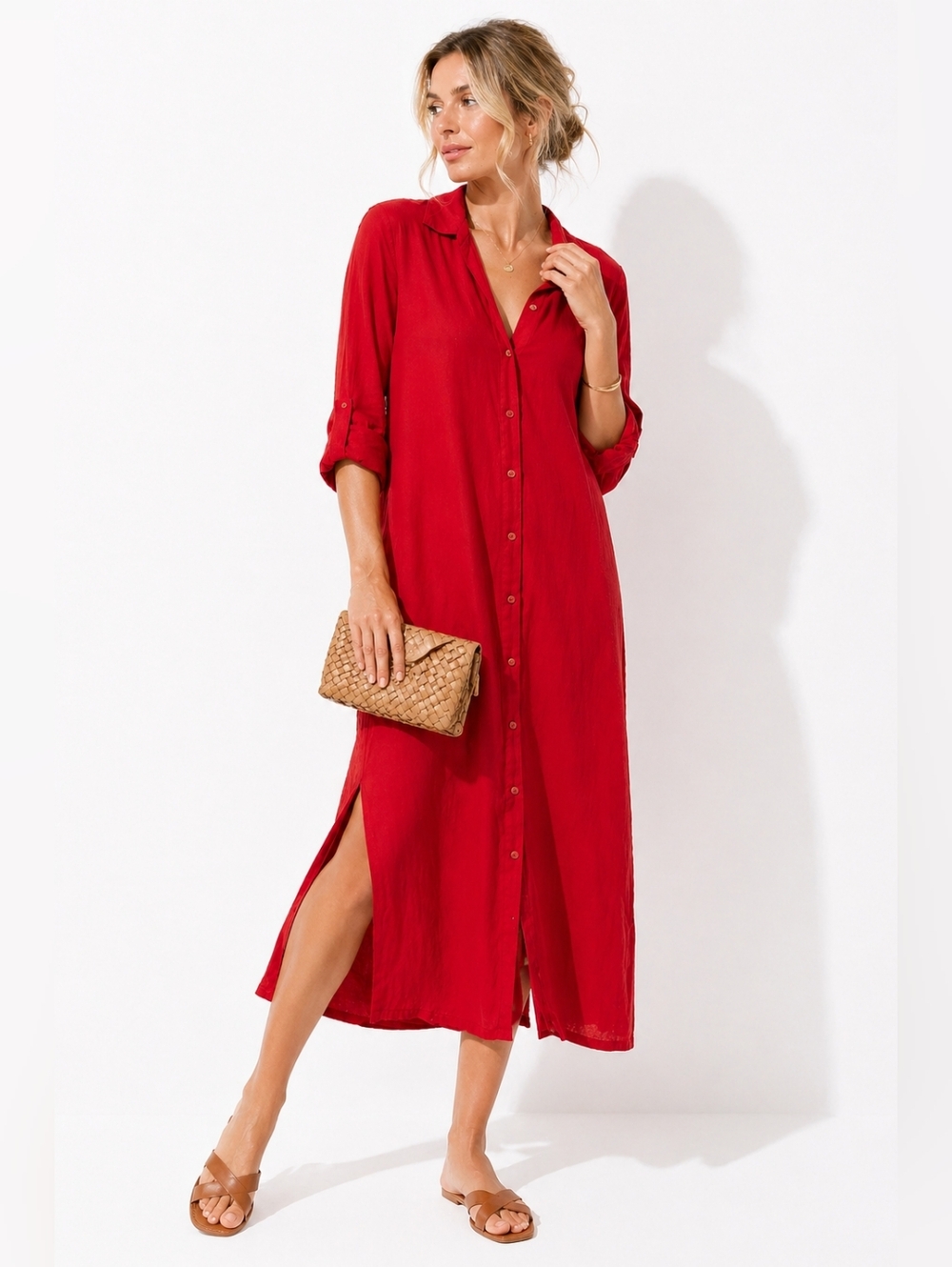 Haute Hippie Red Linen Blend Button Front Midi Shirt Dress Size S
